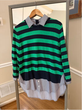 Women's Crown & Ivy Crew Neck Sweater L Green Navy Striped